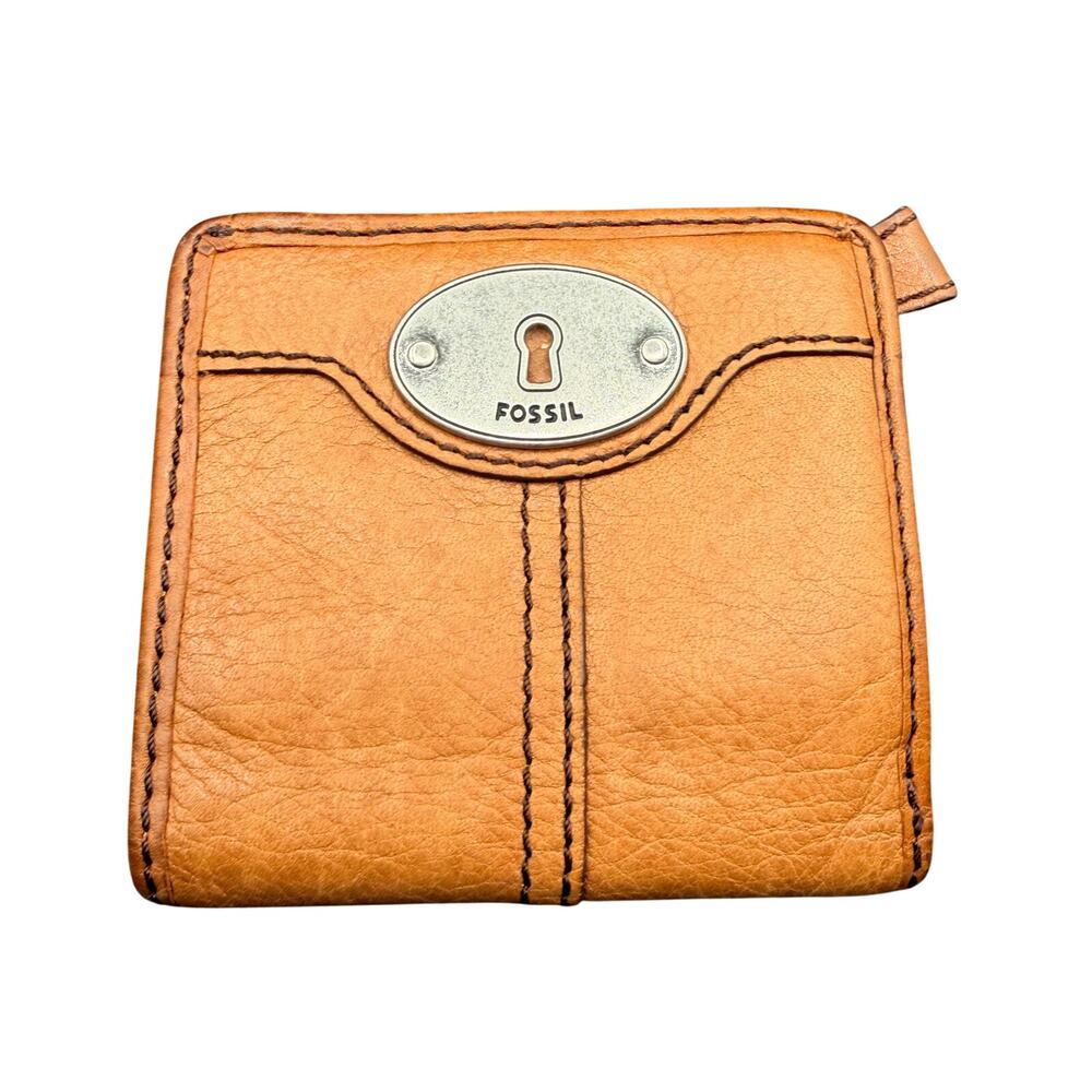 Fossil Leather Bifold Wallet Brown Keyhole Plate Zip Coin Pocket